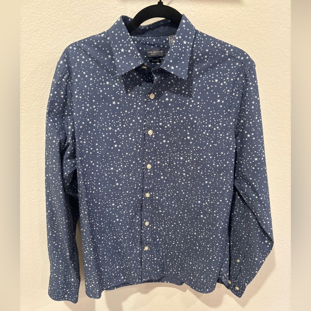 Van Heusen Slim Fit Star Print Button Down Shirt Blue Never Tuck Size M M